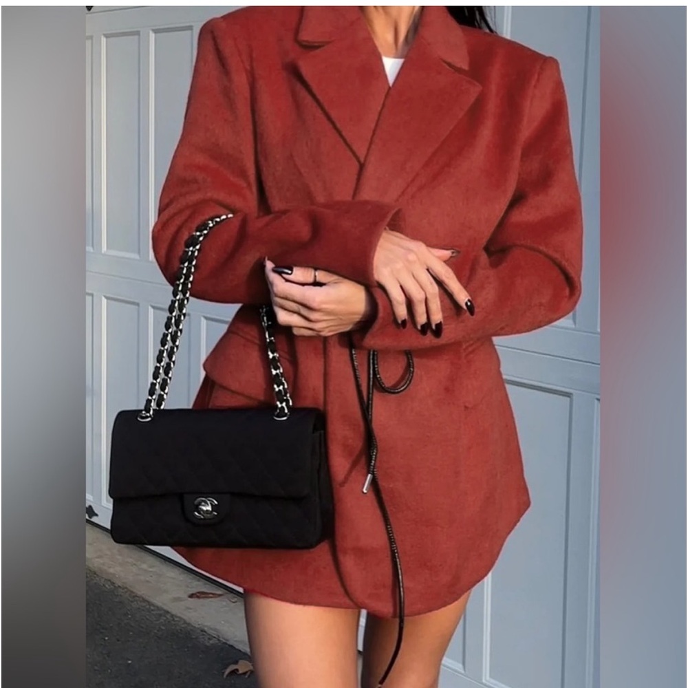 Wool blend premium quality red oversized drawstring tie belt blazer jacket - Picture 8 of 9